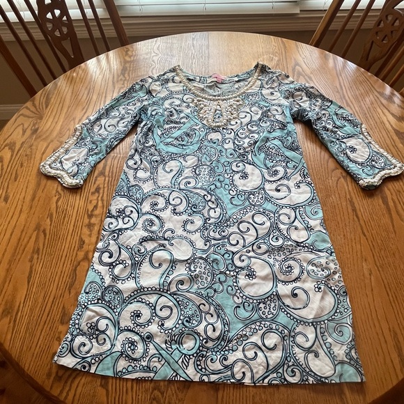 Lilly Pulitzer Sarah Tunic Dress Beaded Jeweled Neck Line Sleeves M Pale Blue - Picture 2 of 11